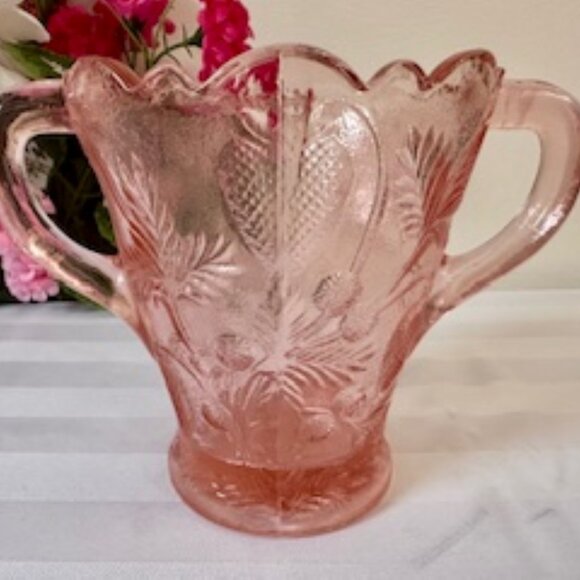Fenton Pink Art Glass Vase Vintage Dual Handle Strawberry Pattern Scalloped Rim - Picture 6 of 7
